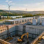 Chantier industriel avec réservoirs de stockage électrique et lignes haute tension en Suisse.