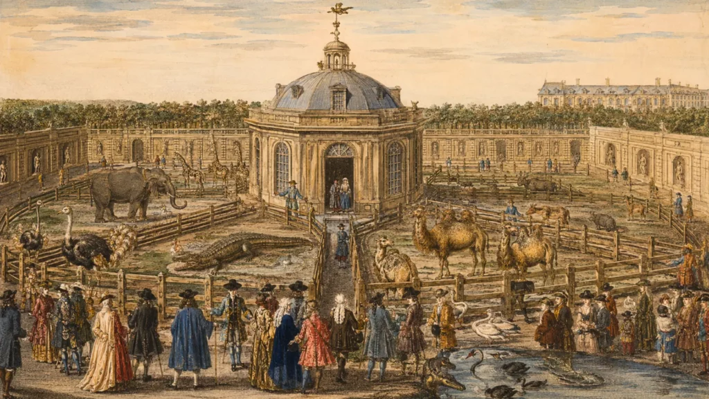 Illustration ancienne de la ménagerie royale de Versailles avec animaux exotiques et nobles sous Louis XIV