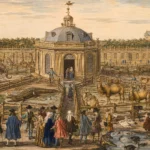 Illustration ancienne de la ménagerie royale de Versailles avec animaux exotiques et nobles sous Louis XIV