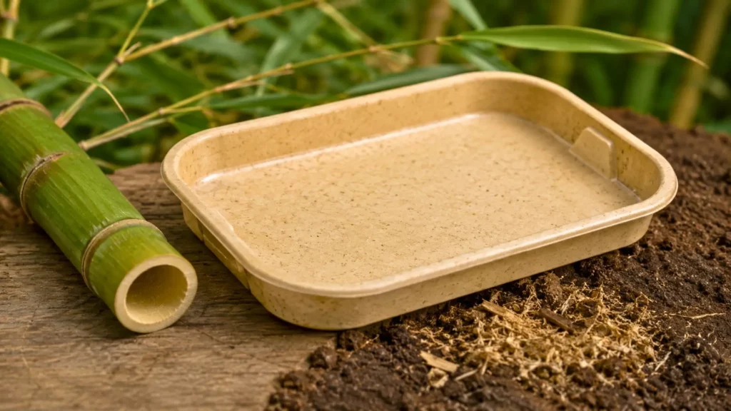 Moule en bioplastique de bambou posé près de tiges et de terre.