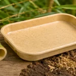 Moule en bioplastique de bambou posé près de tiges et de terre.