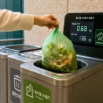 Borne connectée pesant un sac de déchets alimentaires dans un immeuble urbain.