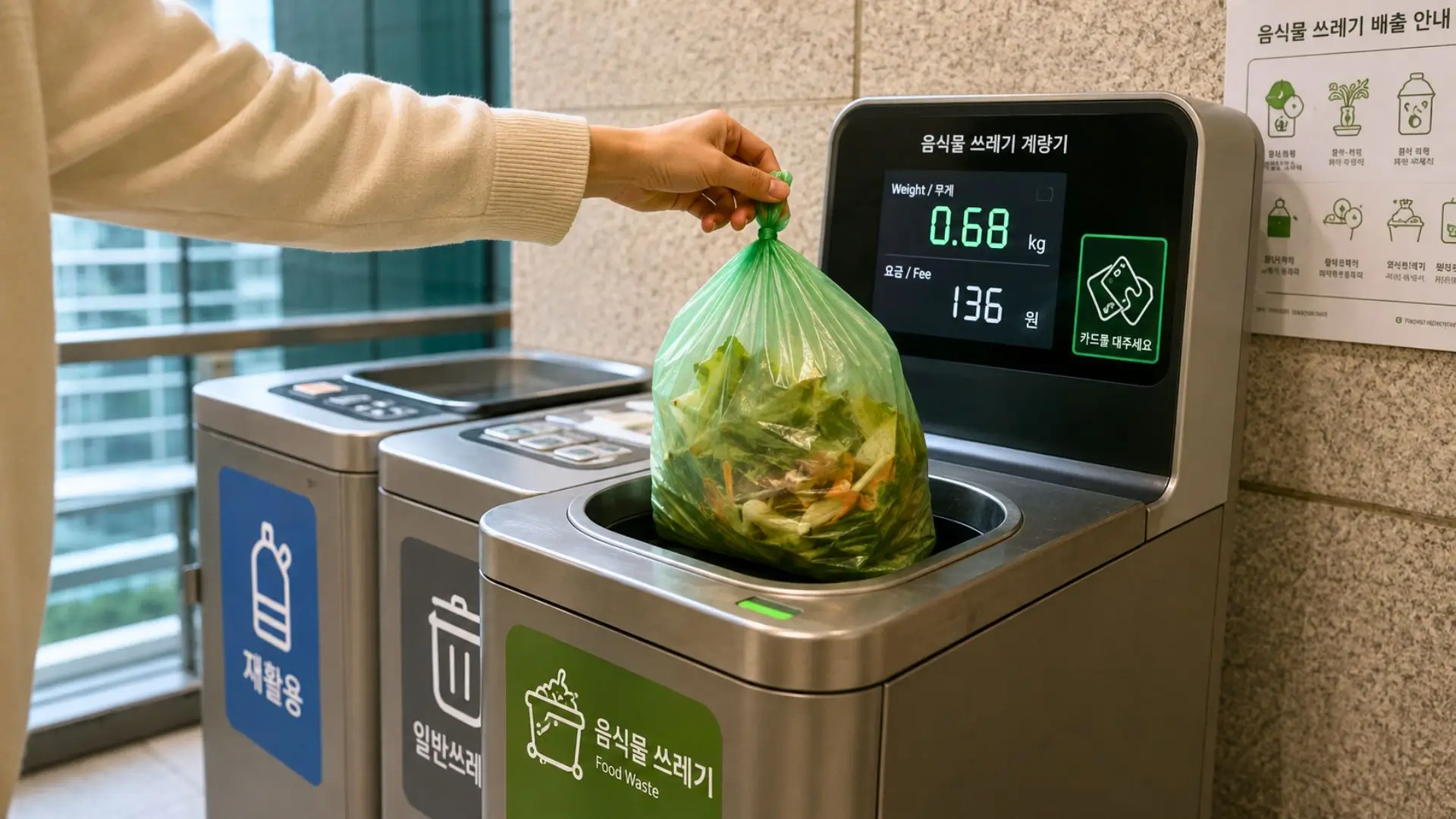 Borne connectée pesant un sac de déchets alimentaires dans un immeuble urbain.