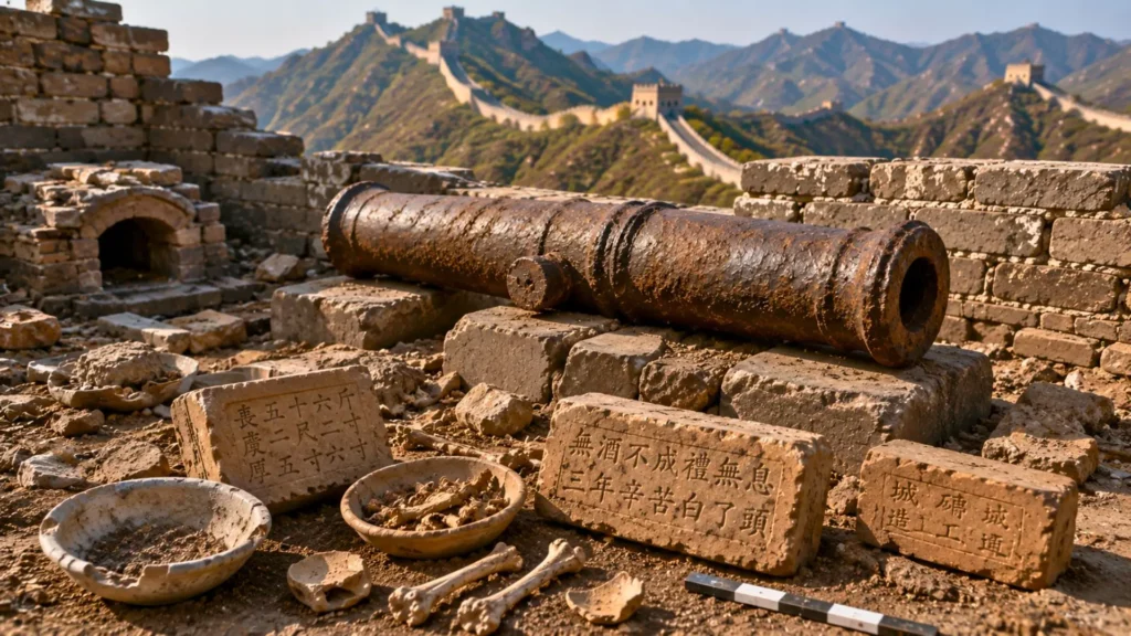 Canon rouillé et objets archéologiques sur une section restaurée de la Grande Muraille.