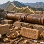 Canon rouillé et objets archéologiques sur une section restaurée de la Grande Muraille.
