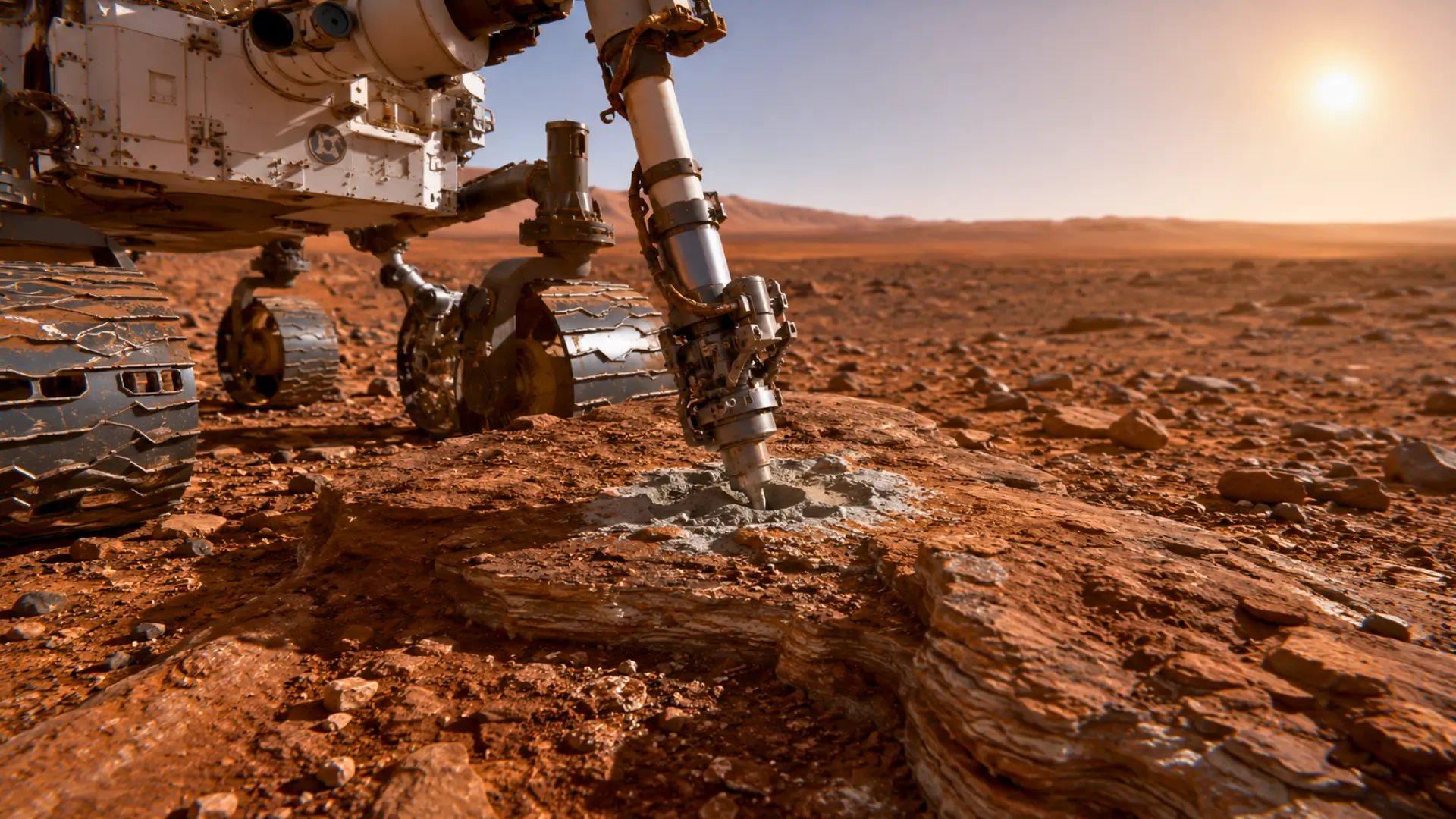 Le rover Curiosity fore une roche ancienne sur Mars pour analyser des molécules organiques potentiellement liées aux origines de la vie.