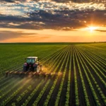 Vue aérienne d’un vaste champ agricole américain avec un tracteur rouge travaillant les cultures au lever du soleil sous un ciel nuageux dramatique.