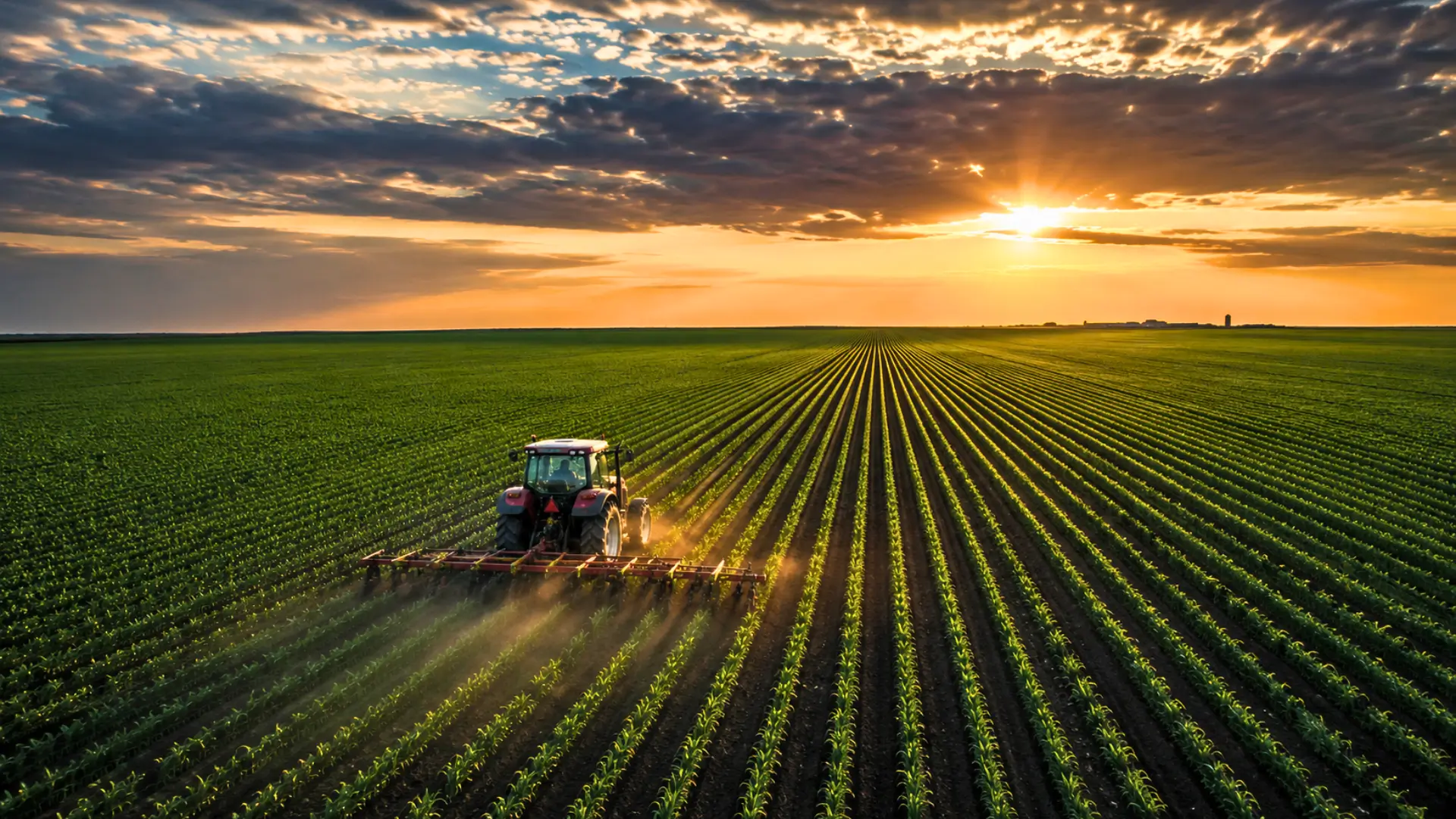 Vue aérienne d’un vaste champ agricole américain avec un tracteur rouge travaillant les cultures au lever du soleil sous un ciel nuageux dramatique.