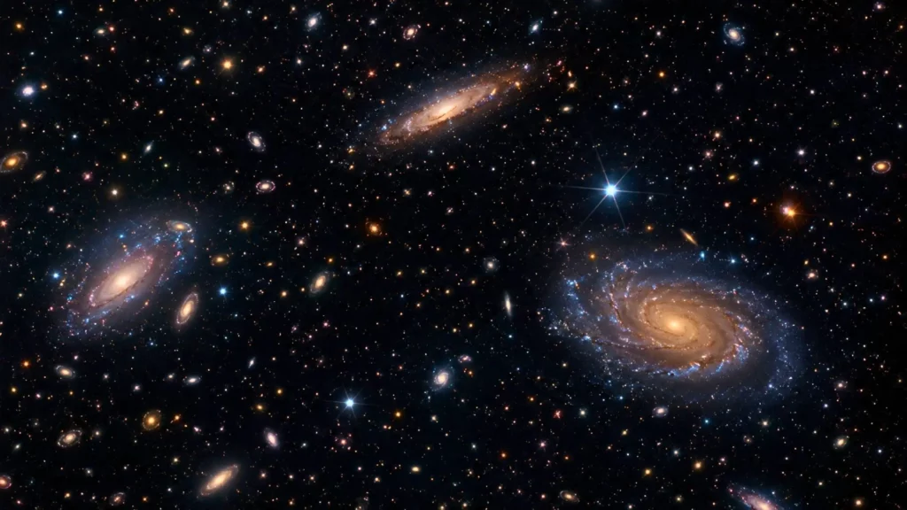 Champ profond de galaxies spirales et amas lumineux dans l’espace noir.