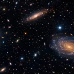 Champ profond de galaxies spirales et amas lumineux dans l’espace noir.