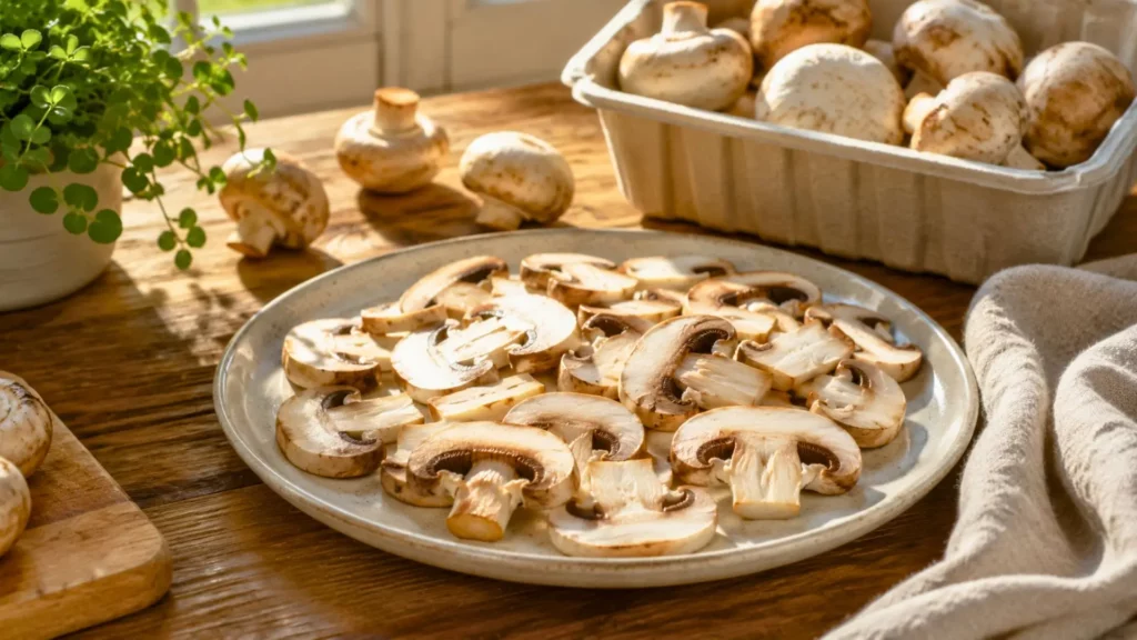 Champignons de Paris tranchés exposés au soleil sur une assiette en cuisine.