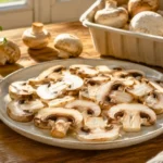Champignons de Paris tranchés exposés au soleil sur une assiette en cuisine.