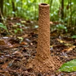 Cheminée d’argile de cigale amazonienne sur sol forestier humide.