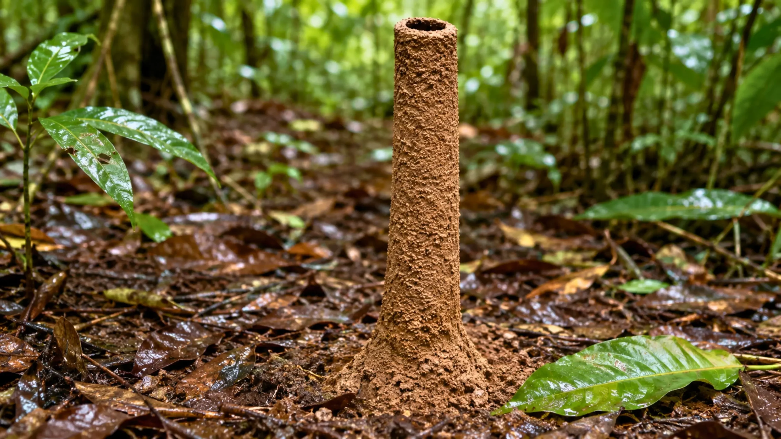 Cheminée d’argile de cigale amazonienne sur sol forestier humide.