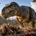 Tyrannosaurus rex réaliste debout près d’une carcasse de dinosaure, mettant en avant sa tête massive, ses mâchoires puissantes et ses petits bras.