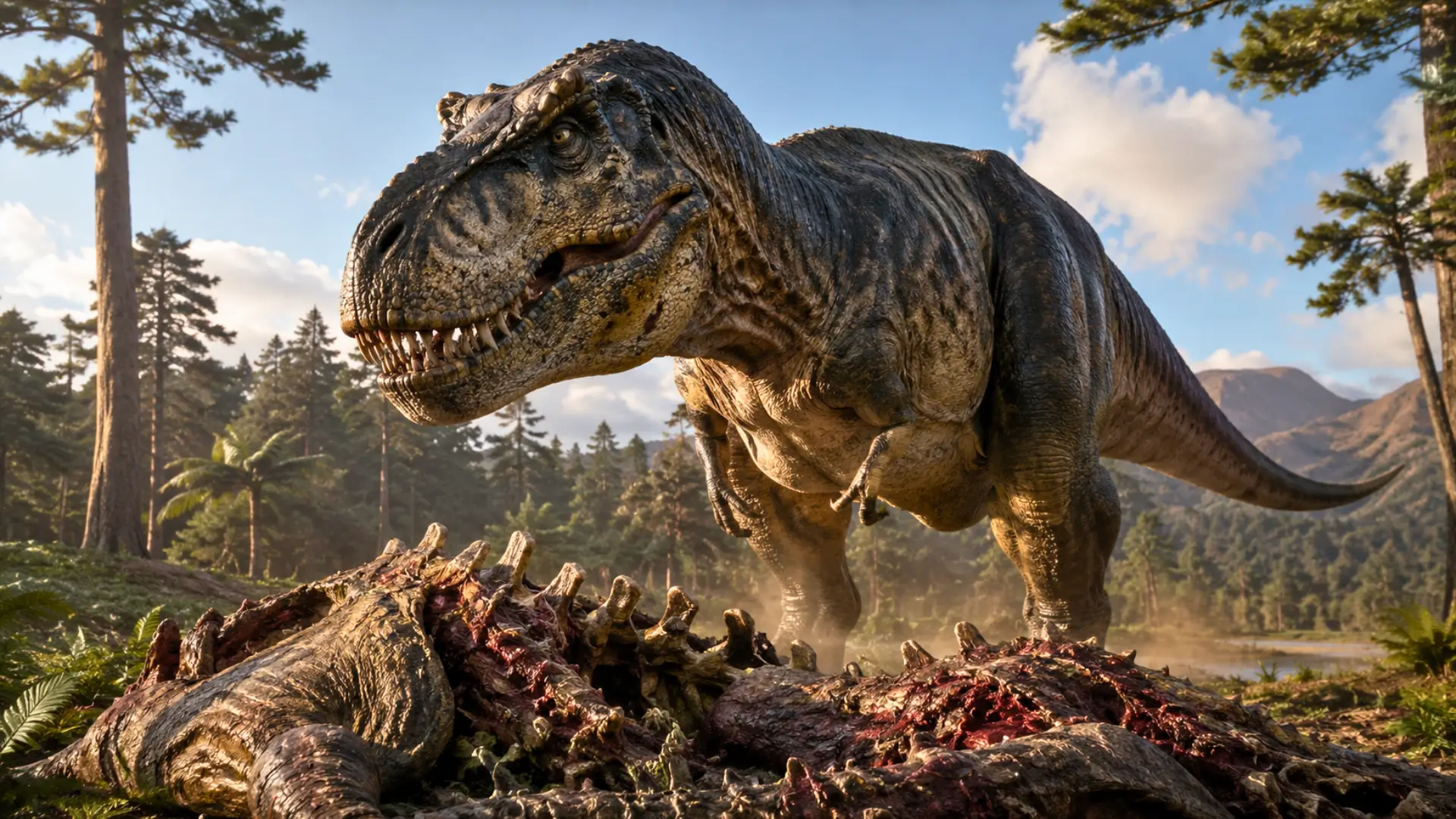 Tyrannosaurus rex réaliste debout près d’une carcasse de dinosaure, mettant en avant sa tête massive, ses mâchoires puissantes et ses petits bras.