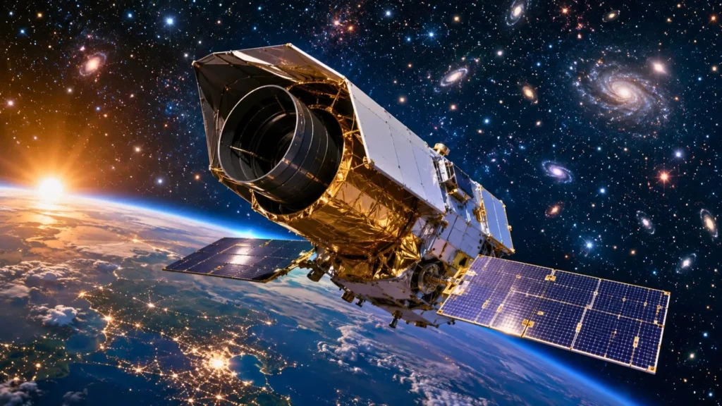 Ciel étoilé immense au-dessus d’un observatoire isolé en montagne