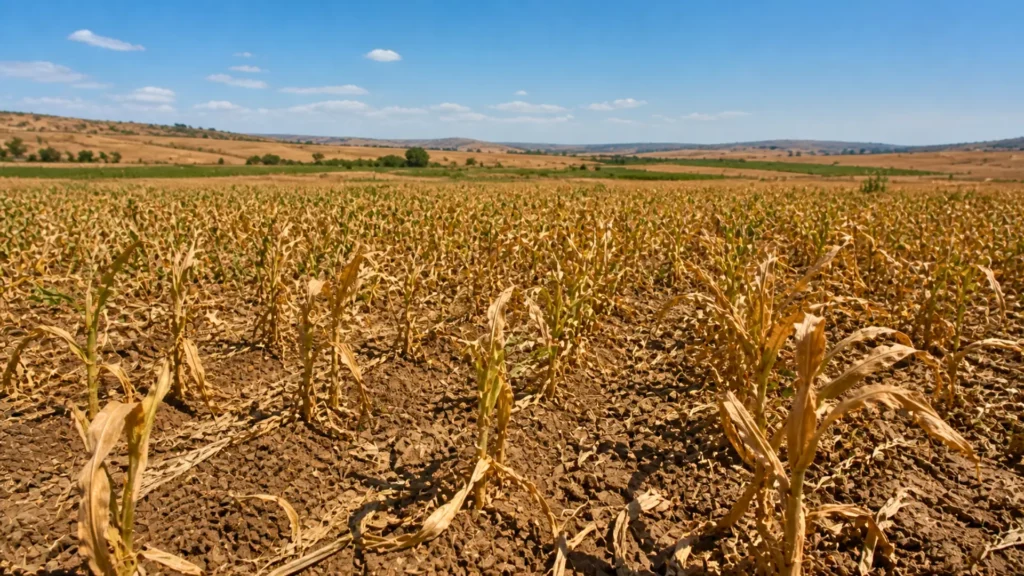 Champ de maïs asséché avec des plants flétris et un sol craquelé sous un ciel clair, symbole de sécheresse et de crise agricole