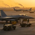 Avions de chasse américains stationnés sur une base aérienne avec émissions de fumée industrielle en arrière-plan