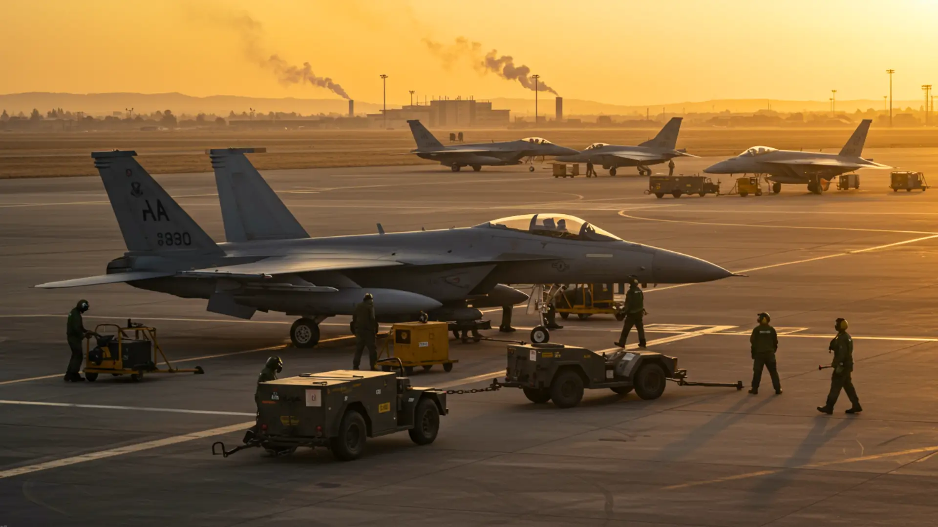 Avions de chasse américains stationnés sur une base aérienne avec émissions de fumée industrielle en arrière-plan