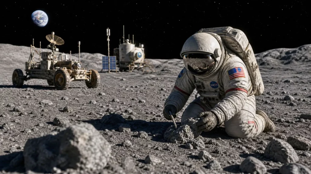 Astronaute non brandé examinant des roches près d’un habitat lunaire réaliste.