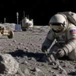 Astronaute non brandé examinant des roches près d’un habitat lunaire réaliste.