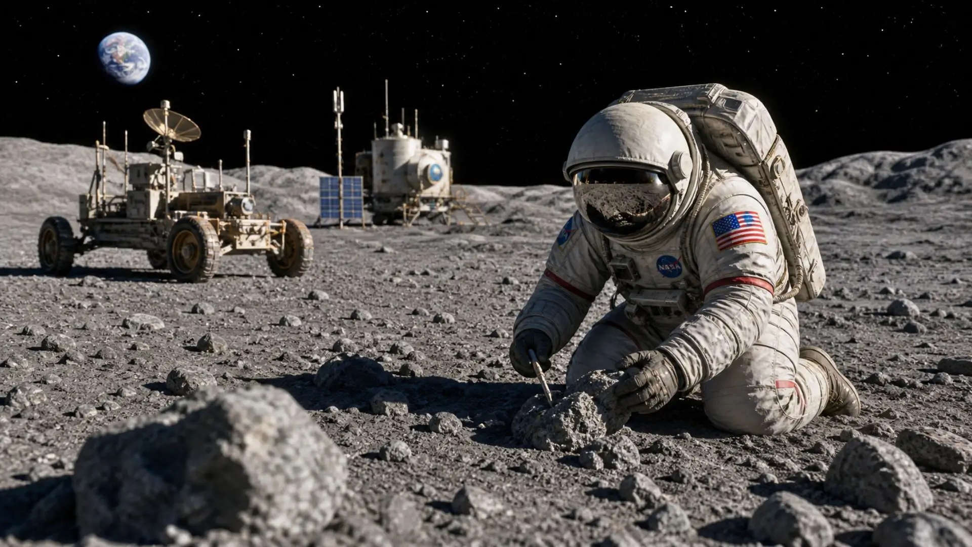 Astronaute non brandé examinant des roches près d’un habitat lunaire réaliste.