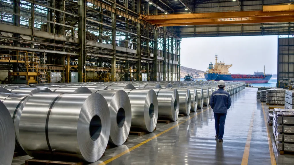 Bobines d’aluminium dans une usine industrielle avec vue sur un port et un cargo