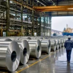 Bobines d’aluminium dans une usine industrielle avec vue sur un port et un cargo