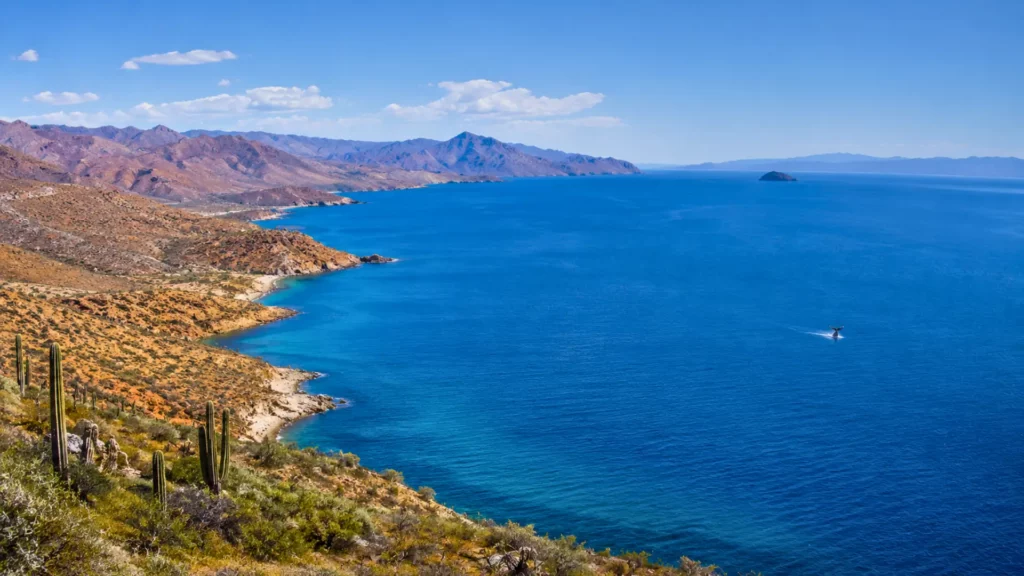 Vue panoramique de la mer de Cortés en Basse-Californie avec désert côtier, montagnes arides et baleine au large dans les eaux turquoise