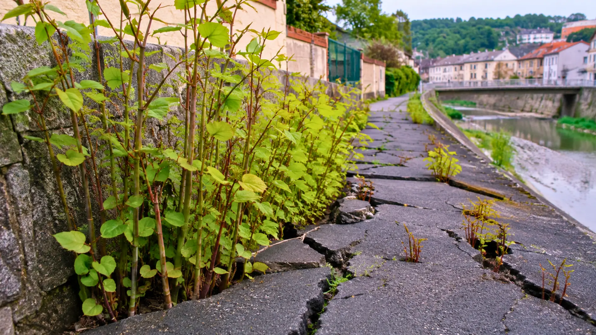 Renouée du Japon poussant à travers un trottoir fissuré près d’une rivière dans une ville européenne