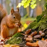 Écureuil roux tenant une noisette dans une forêt automnale avec des glands et feuilles mortes au sol