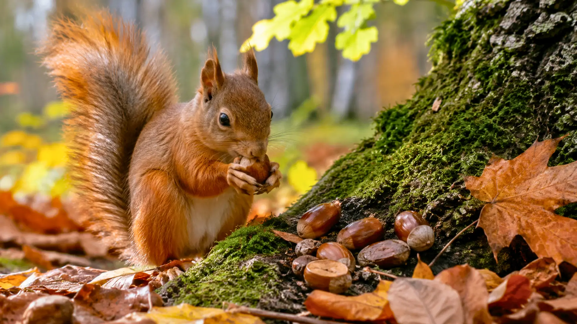 Écureuil roux tenant une noisette dans une forêt automnale avec des glands et feuilles mortes au sol