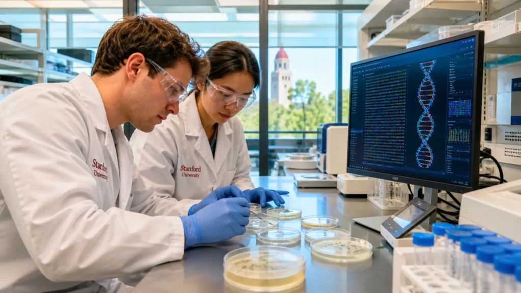 Chercheurs en laboratoire analysant des cultures et des séquences ADN générées par intelligence artificielle