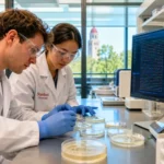 Chercheurs en laboratoire analysant des cultures et des séquences ADN générées par intelligence artificielle