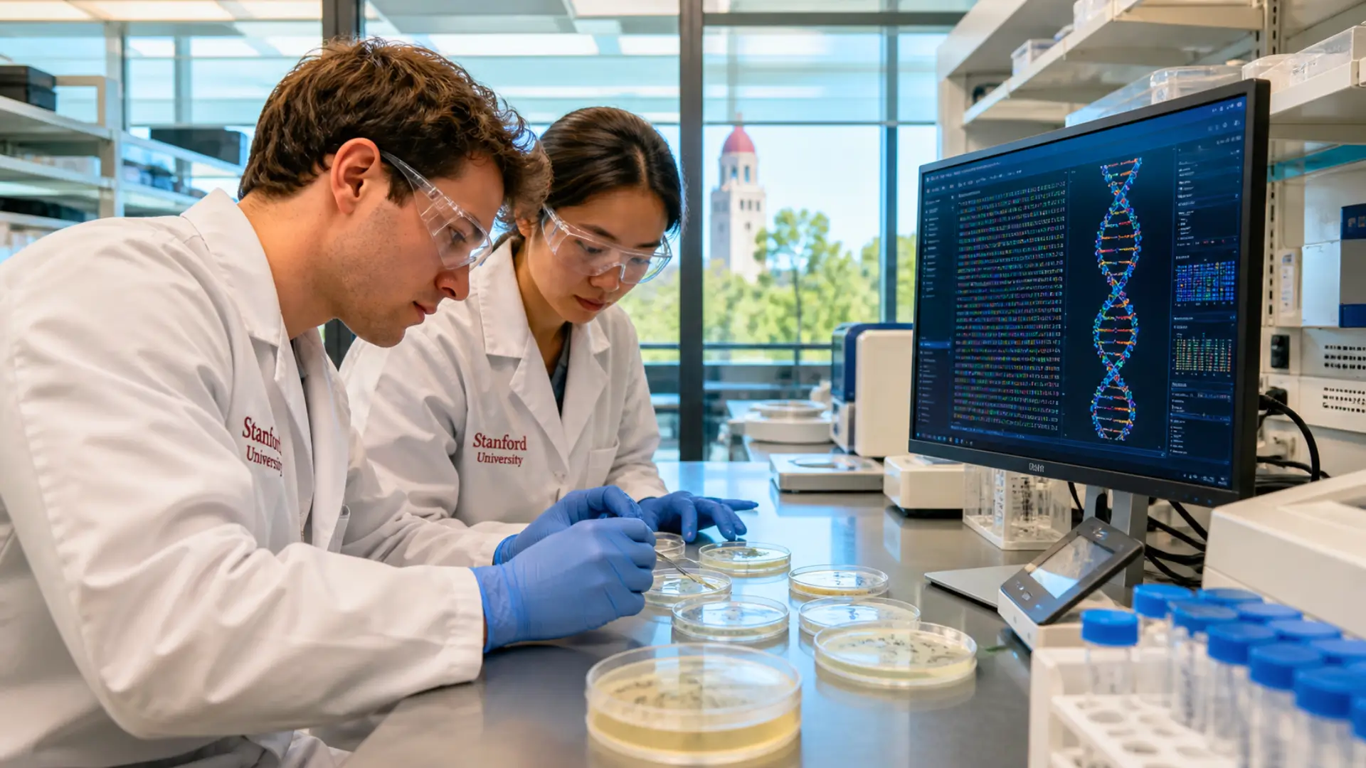 Chercheurs en laboratoire analysant des cultures et des séquences ADN générées par intelligence artificielle