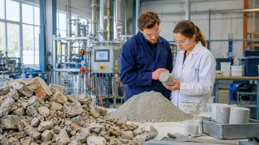 Deux chercheurs examinent un échantillon de béton dans un laboratoire industriel, devant des gravats recyclés et de la poudre de ciment.