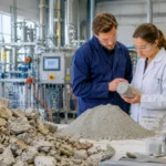 Deux chercheurs examinent un échantillon de béton dans un laboratoire industriel, devant des gravats recyclés et de la poudre de ciment.