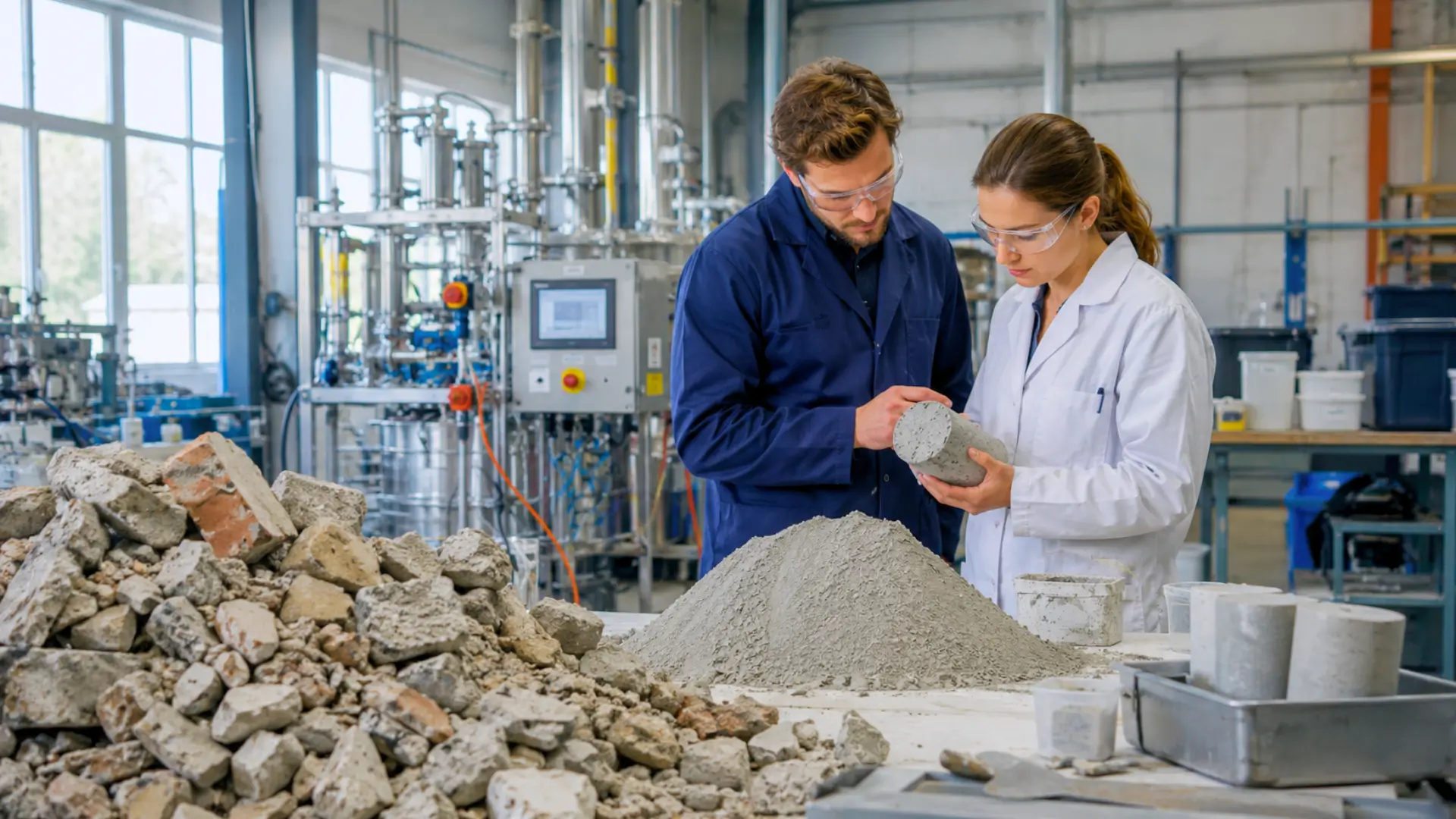 Deux chercheurs examinent un échantillon de béton dans un laboratoire industriel, devant des gravats recyclés et de la poudre de ciment.