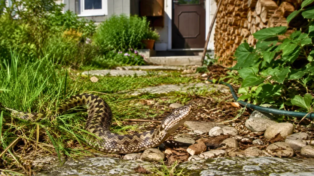 Serpent venimeux avançant dans un jardin près de l’entrée d’une maison, illustrant le déplacement possible des espèces avec le réchauffement climatique.