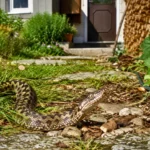 Serpent venimeux avançant dans un jardin près de l’entrée d’une maison, illustrant le déplacement possible des espèces avec le réchauffement climatique.