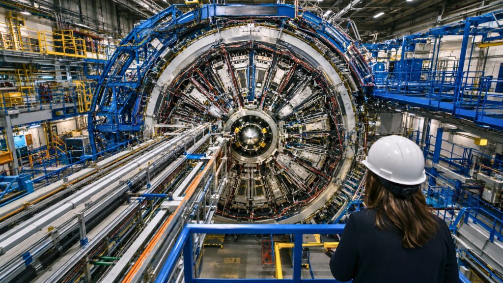 Grand détecteur de collisionneur dans un hall industriel de recherche nucléaire