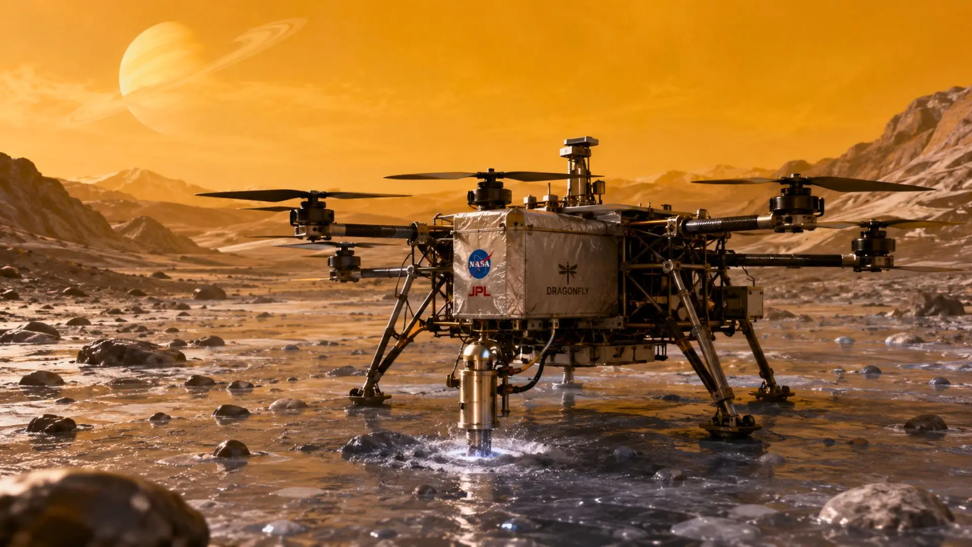 Drone scientifique sans marquage posé sur un sol glacé sombre évoquant Titan.