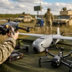 Drones militaires non marqués testés sur une table en terrain d’essai.
