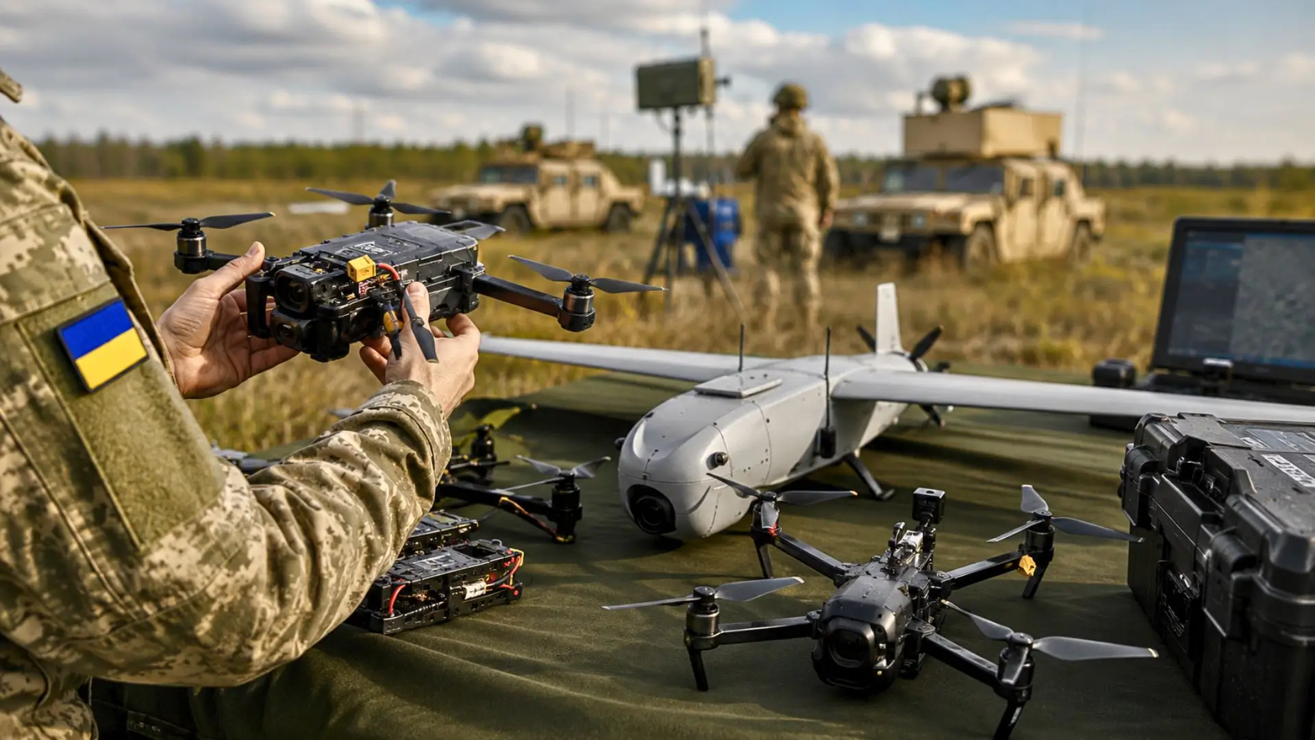 Drones militaires non marqués testés sur une table en terrain d’essai.