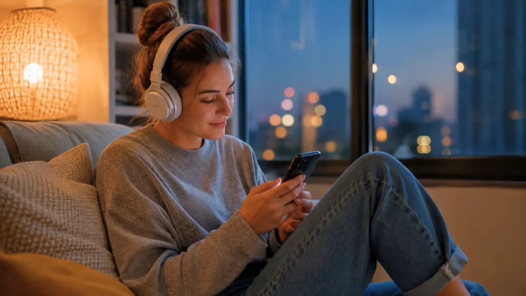 Jeune femme écoutant de la musique sur son smartphone avec un casque audio dans un appartement moderne en soirée