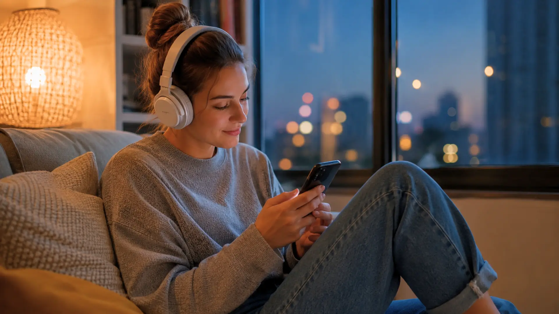 Jeune femme écoutant de la musique sur son smartphone avec un casque audio dans un appartement moderne en soirée