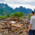 Un homme observe les gravats d’une maison démolie dans un village montagneux du Guizhou, en Chine.