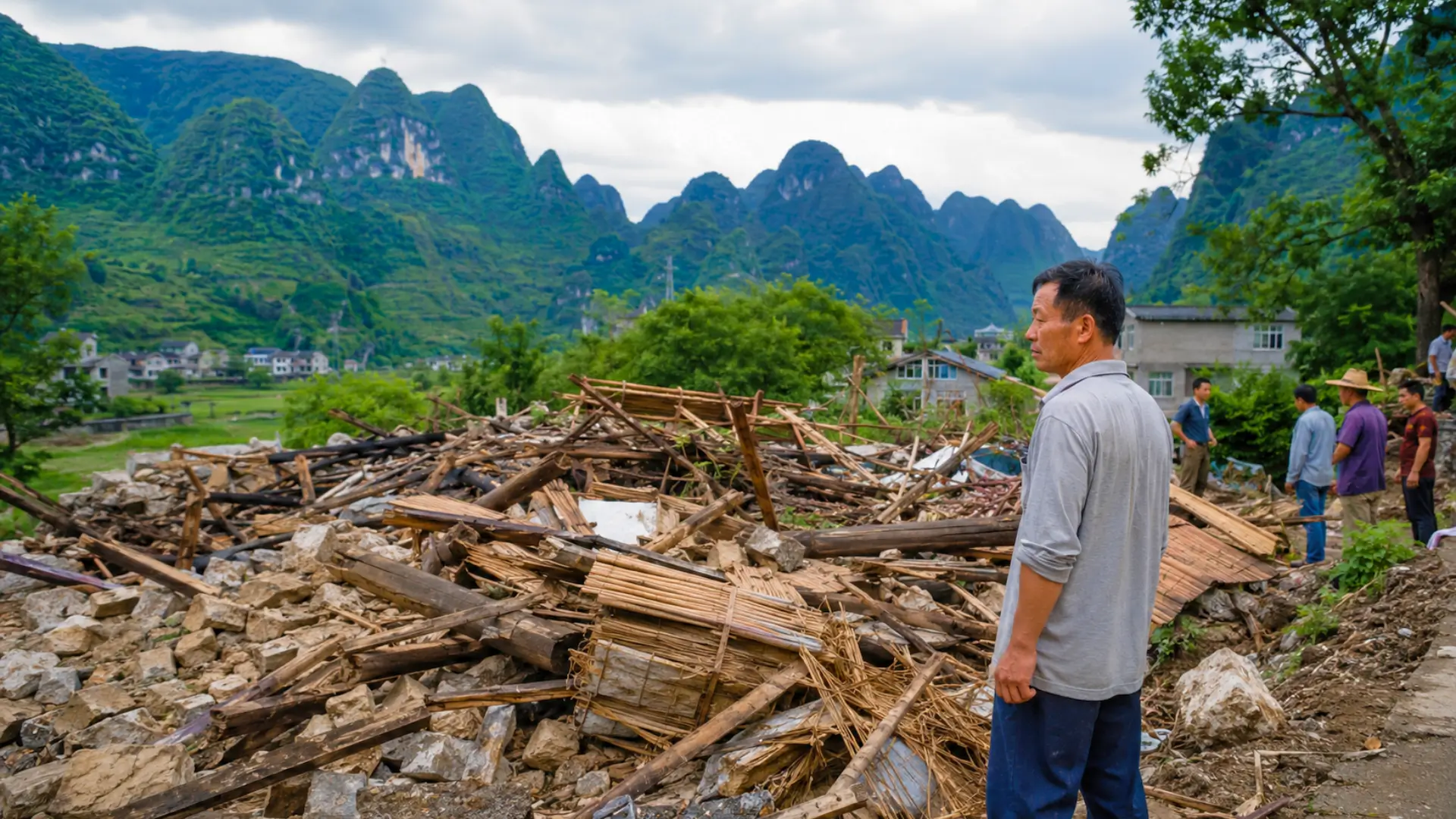 Un homme observe les gravats d’une maison démolie dans un village montagneux du Guizhou, en Chine.