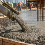 Béton frais coulé sur une dalle de construction avec armatures métalliques sur un chantier moderne